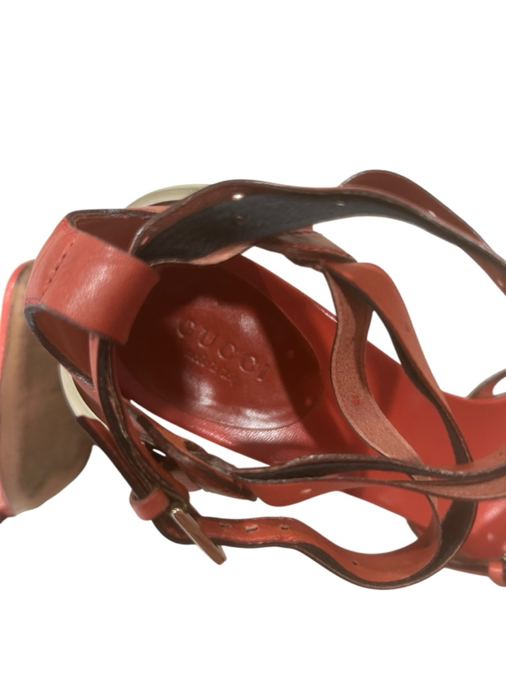 Gucci Women Sandals Strappy Heels Orange Red Leather Italy size  8B READ FLAWED - Picture 8 of 16